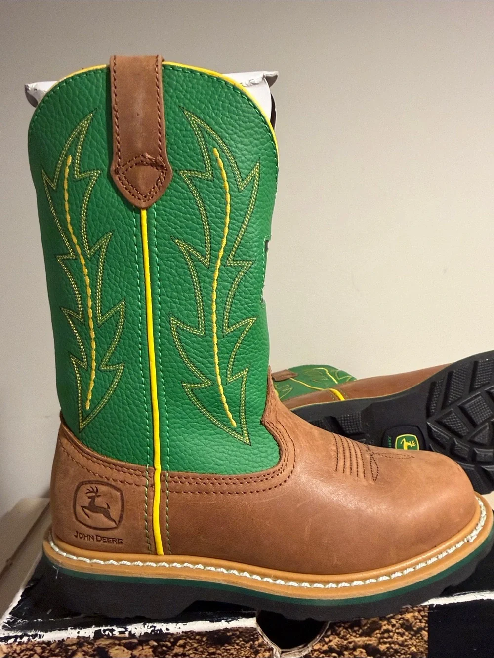 John Deere Green and Brown Kids Pull-On Western Boots with Yellow Trim